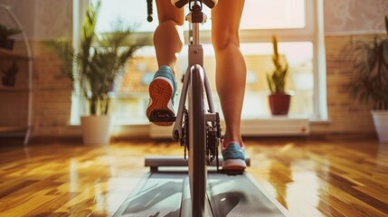 A person cycling on a stationary bike at home, getting a cardio workout indoors.