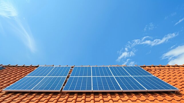 Solar panels on a residential roof, clear blue sky and empty space around
