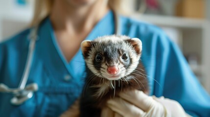 An exotic pet veterinarian providing care to a ferret, with clinical background and space for educational content - obrazy, fototapety, plakaty