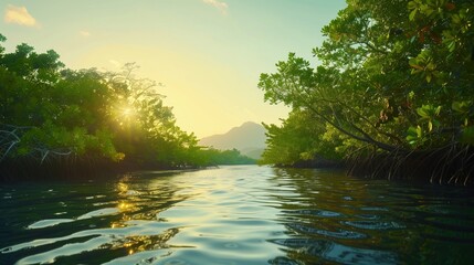 Eco-tourism kayaking adventure through mangrove forests, vibrant wildlife and flora in stunning detail, against a minimalist water and sky background