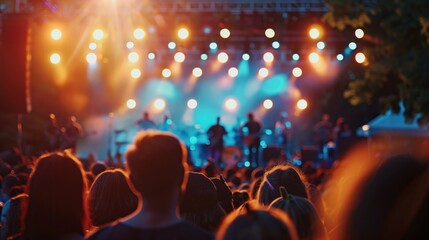 Evening concert in the park, community gathering to enjoy live music, stage lights against the night sky