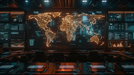 military or space control point where the main screen displays the world map. - obrazy, fototapety, plakaty