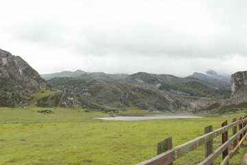 Breathtaking view of the rocky mountains in Lagos de Covadonga, Asturias, Spain