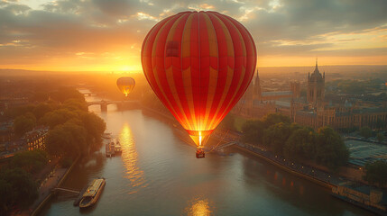 Hot air balloon in flight over London. - 781227248