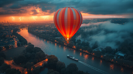 Hot air balloon in flight over London. - obrazy, fototapety, plakaty