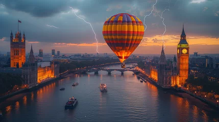 Foto auf Glas Hot air balloon in flight over London. © Janis Smits