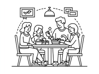 Illustration of family with children eating food line art 