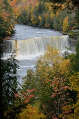 Vertical shot of the Tahquamenon Fall surrounded by colorful autumn trees