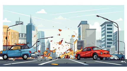 Illustration of a car accident at the road near the - obrazy, fototapety, plakaty