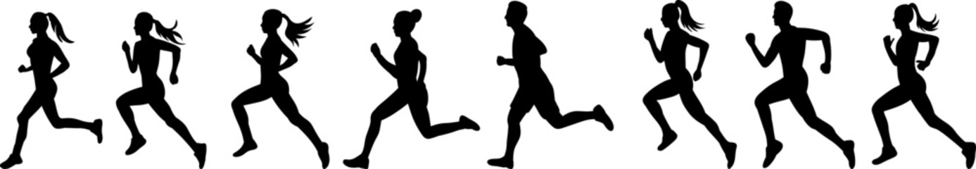 people running set silhouette on white background vector