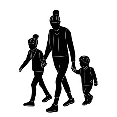 mother walks with children silhouette on white background vector