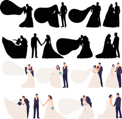 wedding, bride and groom in flat style set silhouette on white background vector - 781228201