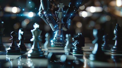 The digital hand of AI orchestrates a strategic masterpiece as the chess king triumphantly beats other pieces on the board. 

