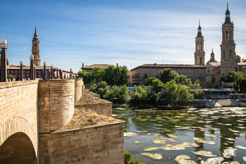 Cathedral Basilica of Our Lady of the Pillar in Zaragoza, Spain, view from the bridge over the river ebro