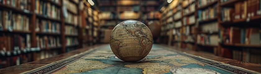 Vintage Bookstore with Antique Maps of the World Fading into Shelves - obrazy, fototapety, plakaty