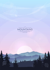 Sunset landscape in the mountains. Silhouettes of trees in the foreground. Mountain ranges and forest. Colorful sky. Design for poster, wallpaper, background, cover, brochure.