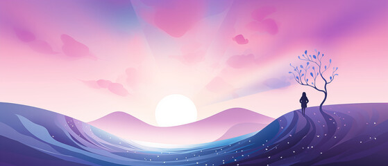 Illustration, woman a lone in the nature, banner with copy space.