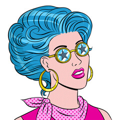 Beauty young woman in star glasses pop art
