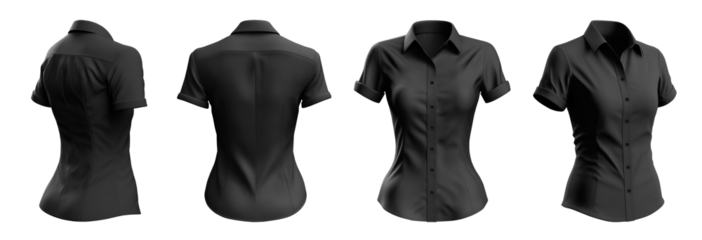 Set of woman black button up short sleeve collar slim fitting shirt front, back, side view on transparent background cutout, PNG file. Mockup template for artwork graphic design