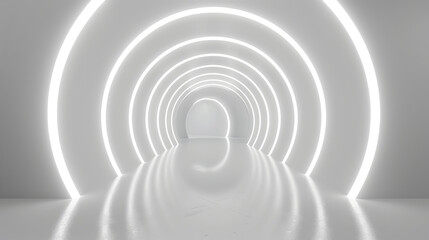Naklejka premium Abstract white tunnel, glowing light ring, futuristic sc-fi style empty room background, abstract modern design, product presentation, branding mockup, illuminated corridor with copy space. 