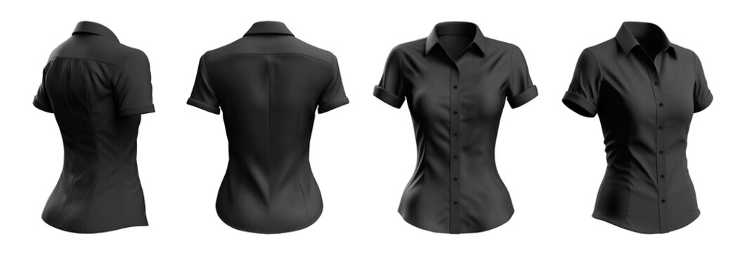 Set of woman black button up short sleeve collar slim fitting shirt front, back, side view on transparent background cutout, PNG file. Mockup template for artwork graphic design