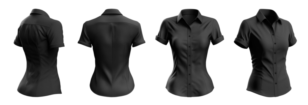Set of woman black button up short sleeve collar slim fitting shirt front, back, side view on transparent background cutout, PNG file. Mockup template for artwork graphic design