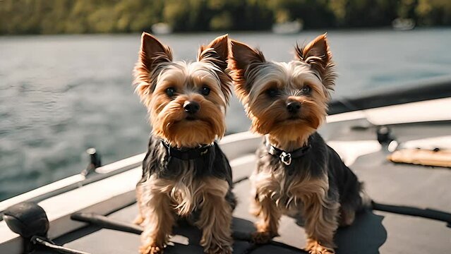 Adorable Yorkshire Terriers posing on a boat, illustrating a sense of adventure and companionship in pets