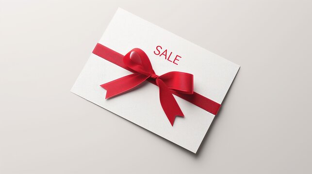 The image depicts a white square card with the word "SALE" prominently written in red font. Additionally, there is a red ribbon fashioned into a bow on the card