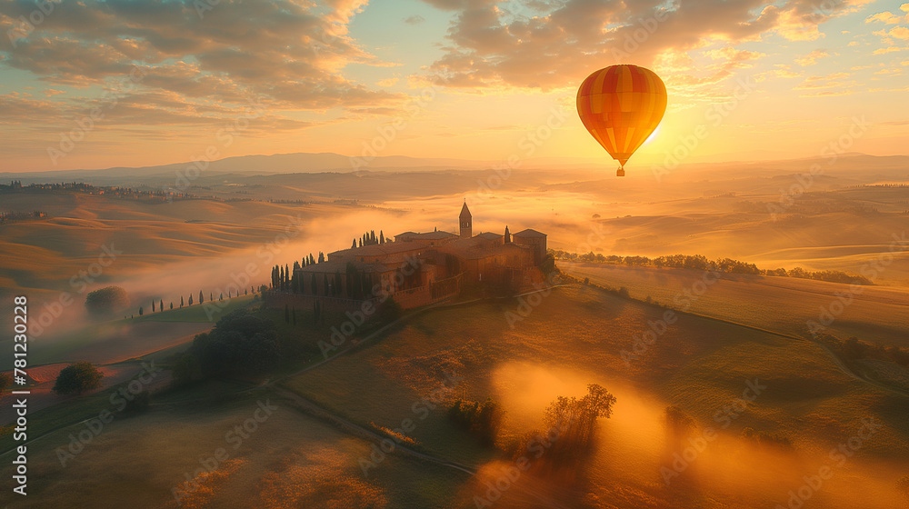 Wall mural Hot air balloon in flight over Italy.