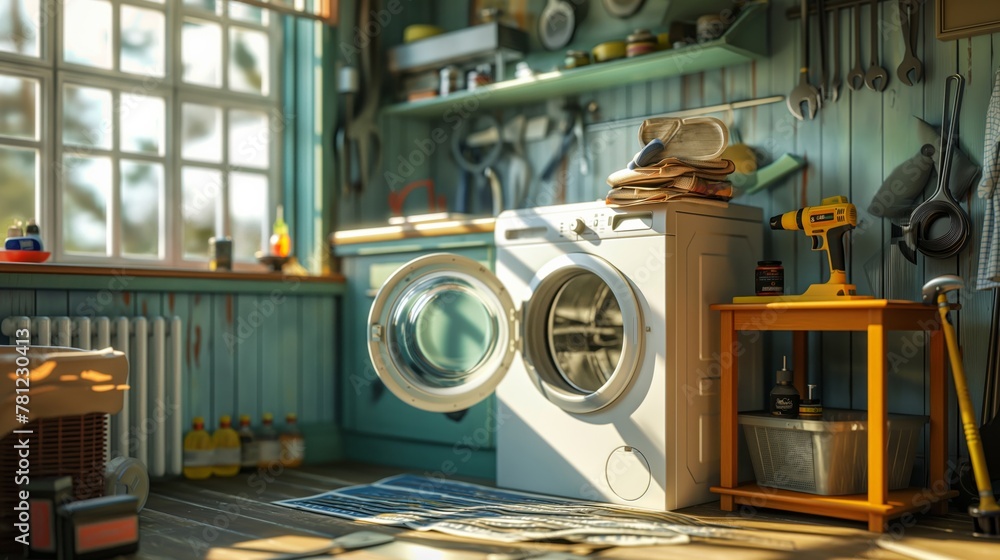 Wall mural laundry room equipped with a white front-loading washing machines. above one of the machines is a wi