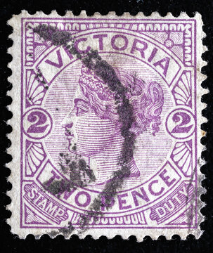 Ukraine, Kiyiv - February 3, 2024.postage stamp depicting portrait of Queen Victoria 1880. Victoria is a state in the southeast of Australia with the capital in Melbourne.Philately.