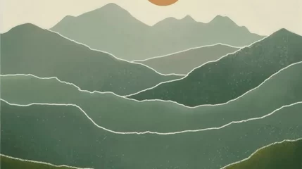 Crédence de cuisine en verre imprimé Kaki Abstract landscape with sun and mountains