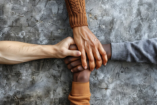 Capture the essence of unity and teamwork with a close-up top view of young people putting their hands together in a stack, symbolizing friendship and solidarity