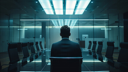 Back view of a lone businessman sitting at the head of a sleek, modern conference table in a corporate meeting room.