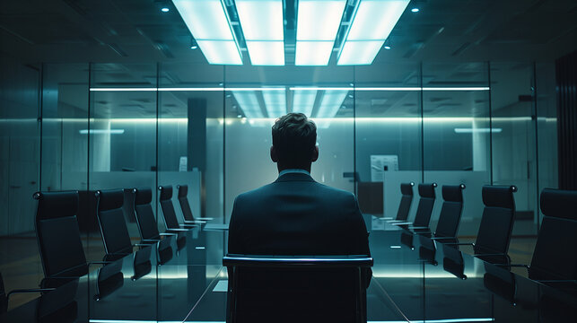 Back view of a lone businessman sitting at the head of a sleek, modern conference table in a corporate meeting room. - Powered by Adobe