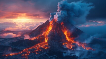 A dramatic volcanic eruption with glowing lava flows and ash clouds illuminated by fiery sunset light.