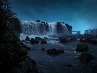 Beautiful shot of a waterfall cascade at night