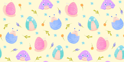 Easter eggs Seamless pattern, easter snails pattern, watercolor style, spring pattern with flowers and snails, Easter packaging, Cornflowers, spring print for textiles, mint, yellow background