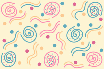Seamless abstract chaotic figures yellow, pink, blue pattern: dots, waves and spirals. Hand drawn multicolored vector illustration for business, banners, wallpaper, textile, wrapping. Editable stroke	