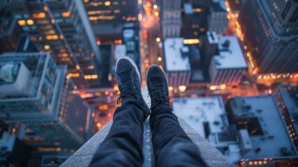 Dusk view of a person's feet dangling over the edge of a skyscraper, overlooking the city lights below.