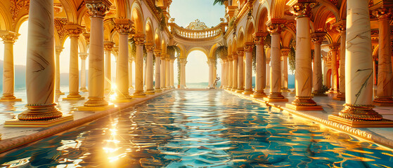 Obraz premium Majestic Mosque with Golden Domes and Intricate Design, Symbolizing the Spiritual Grandeur and Architectural Beauty of Islamic Culture