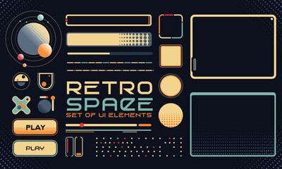 Retro futuristic cosmic illustration set. Game Interfase elements fo HUD in retro futurism style. Good for retro posters, flyers, interfaces. Vector Illustration. EPS10