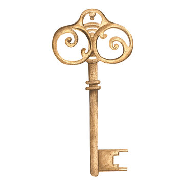 Hand-drawn watercolor illustration. An antique key. Monochrome clip art. An old antiquarian key . Vintage key in ochre color