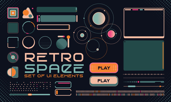 Retro futuristic cosmic illustration set. Game Interfase elements fo HUD in retro futurism style. Good for retro posters, flyers, interfaces. Vector Illustration. EPS10