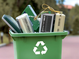 Waste bin full of electronics, e waste and recycling concept - obrazy, fototapety, plakaty