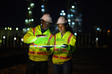 The maintenance engineer works with the computer and the green print on the bonnet in front of the power plant at night.