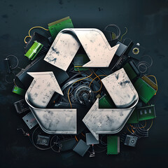 Old electronic devices and recycle logo, e waste and recycling concept