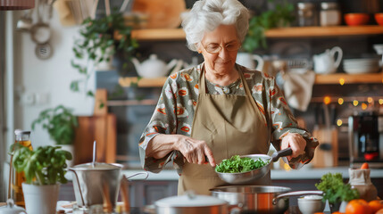 Old woman preparing food in the kitchen