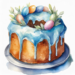 Watercolor painting of delicious Easter bundt cake with blue glazing isolated on white.
