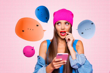 Composite collage picture image of female look curious speech bubble communication concept fantasy...
